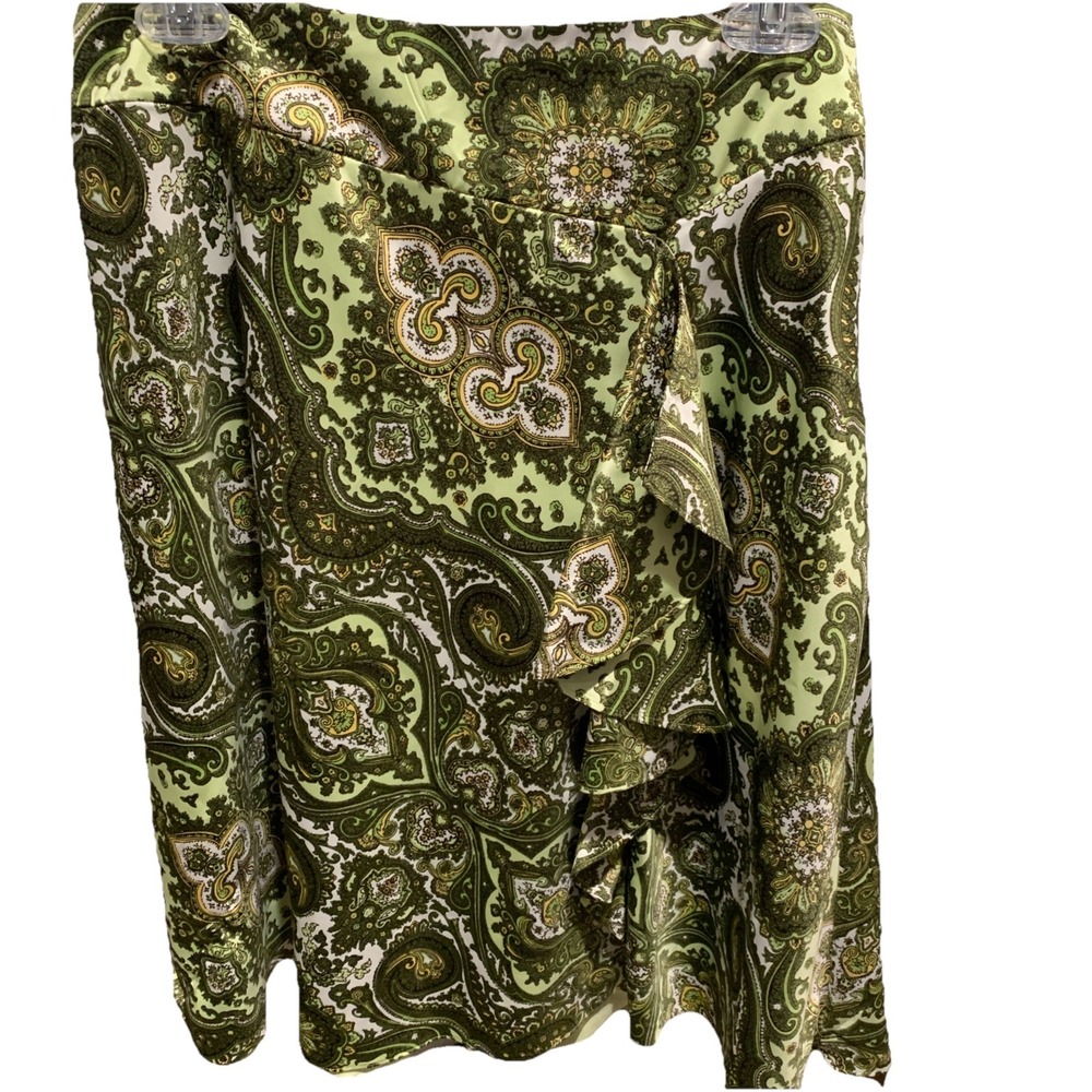 ANN TAYLOR PETITES  A Line Green Paisley Front Ruffle Side Zip‎ Lined Skirt 8p